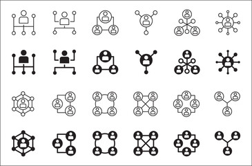 Business teamwork and network vector icon set. Cooperation business thin line icons. Contains symbol icons of connection, management, team, group, relationship, leadership, deliberation, forum.