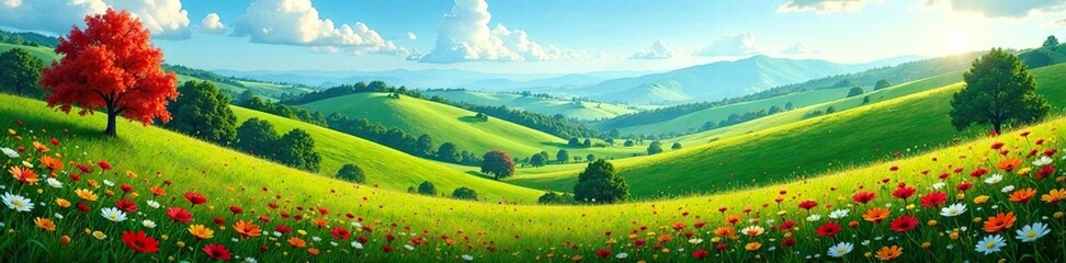 Obraz premium Rolling hills with colorful flowers and trees, scenery, landscape, greenery
