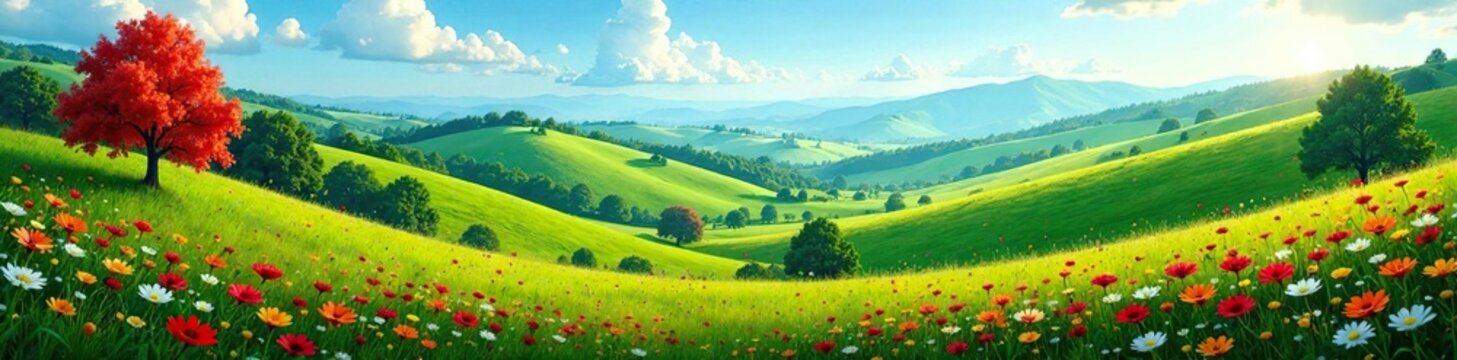 Rolling hills with colorful flowers and trees, scenery, landscape, greenery