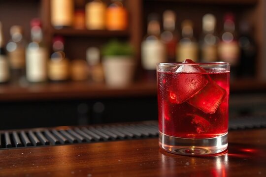 Rich red elixir in a elegant glass sits on a polished wooden bar, red, polish