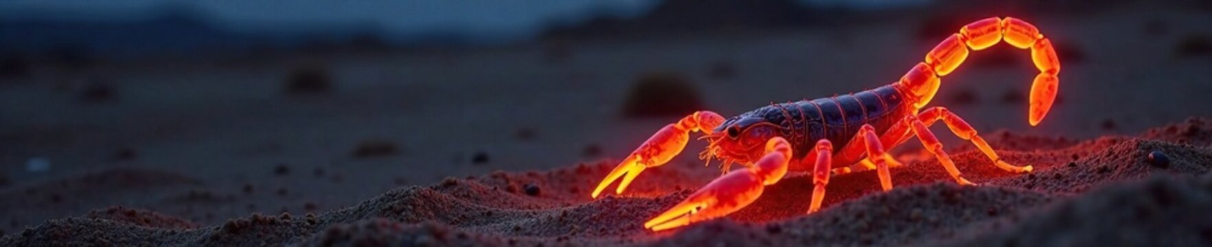 Scorpion Buthus occitanus glowing with UV light in sandy dunes, sand, arid, natural