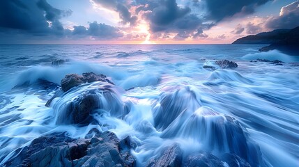 Fototapeta premium Tranquil Force: Long Exposure of Waves Crashing Against Rugged Coastal Rocks