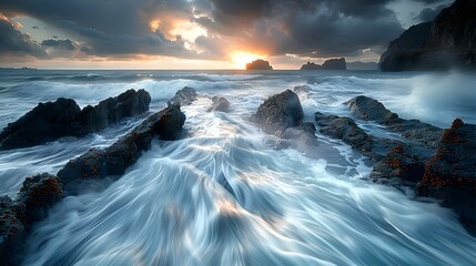 Obraz premium Tranquil Power: A Rugged Coastal Scene with Crashing Waves in Long Exposure