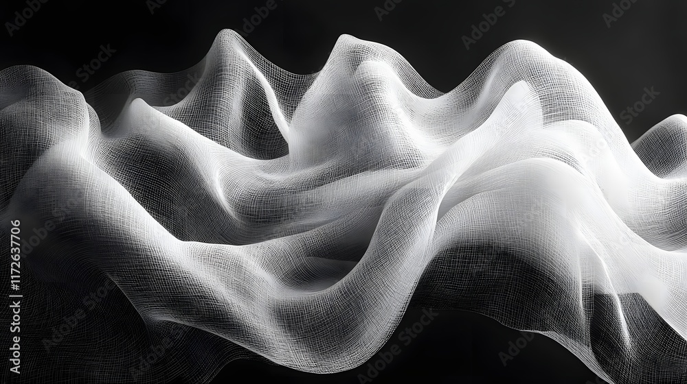 Poster Abstract Black and White Backgrounds. An abstract image showcasing a white fabric's elegant folds and curves against a stark black background. The play of light and shadow visual effect.