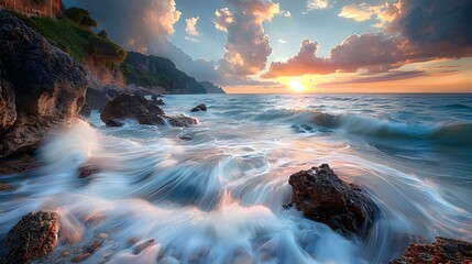Fototapeta premium Tranquil Power: Long Exposure of Waves Crashing Against Rugged Coastal Rocks