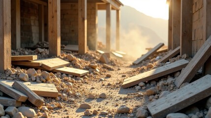 Sunlit Debris Field Wooden Fragments and Rocky Ground in a Desolate Setting