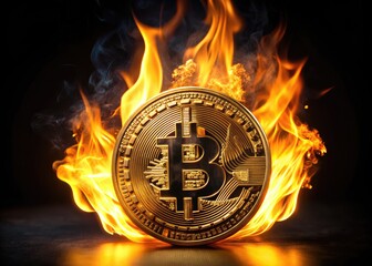 Burning Bitcoin, a dramatic close-up, flames engulfing gold coin on black.