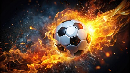 Naklejka premium Burning football, electrifying night game. Dramatic action shots ignite fiery soccer photography.