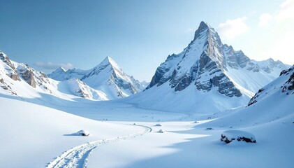 Fototapeta premium Snowy peaks rise above the frozen landscape, covered in a thick layer of snow, icy, winter, cold