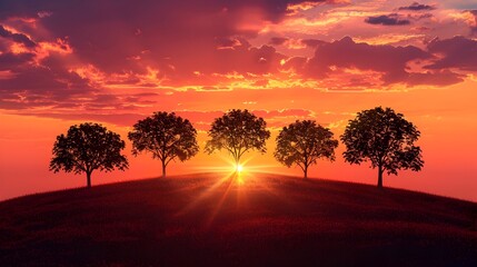 Vibrant Sunset Silhouettes: Trees on a Hill Bask in the Warmth of the Golden Hour