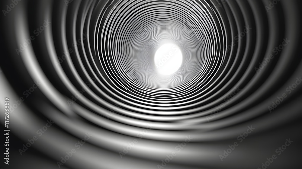 Aufkleber Abstract Black and White Backgrounds. A mesmerizing grayscale image showcasing a spiral tunnel leading towards a bright light. The abstract nature creates a sense of depth and mystery.