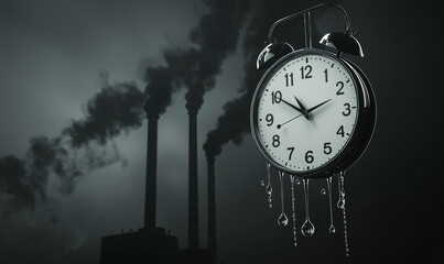 A vintage clock hangs in front of smokestacks, symbolizing time in an industrial landscape filled with pollution.