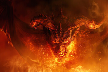 Naklejka premium Scary sinister devil is in hell with dramatic bright fire lighting, abstract vivid composition consists of fictional unreal fantastic vision on background
