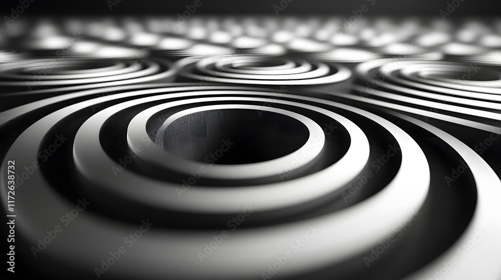 Poster Abstract Black and White Backgrounds. Close-up view of a repeating pattern of concentric circles. Black and white design with a 3D effect.