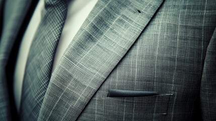 Subtle plaid suit fabric background in light gray tones, clean and modern, with sharp lines.