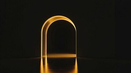 A modern minimalist golden archway stands out in a pitch-black environment, softly illuminated, creating a striking contrast and an elegant focal point in the darkness.