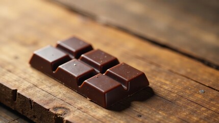 A dark chocolate bar rests on a rustic wooden surface