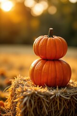 Sunlit orange pumpkin stack on golden hay bale, autumn, earthy