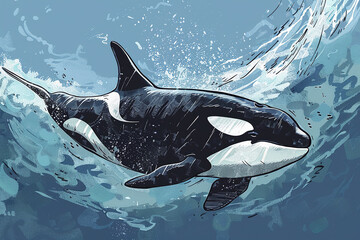 Obraz premium Fantastically beautiful majestic huge whale in deep blue ocean, abstract vivid composition consists of fictional unreal fantastic vision on background