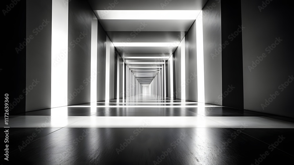 Aufkleber abstract black and white backgrounds. a long corridor with a pattern of lights and shadows creating 