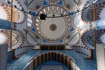 Interior of Rustem Pasa Mosque in Istanbul. Famous Rustem pasha mosque interior. Iznik blue tiles. Rustem Pasa Mosque most beautiful and classical
