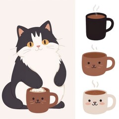 Cute cat character enjoys mocha mousse while exploring a cozy coffee-themed illustration in a charming design style
