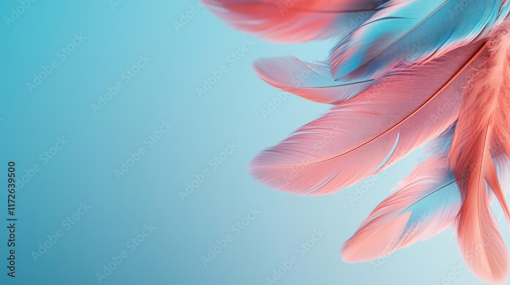 Poster feather abstract background concept. vibrant pink and blue feathers softly arranged on a soothing gr