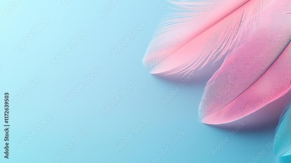 Poster feather abstract background concept. soft pastel feathers in shades of pink on a calming blue backgr