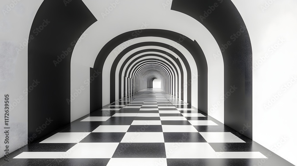 Poster Abstract Black and White Backgrounds. A digital rendering of an endless hallway with black and white arches and a checkered floor, creating a striking optical illusion.