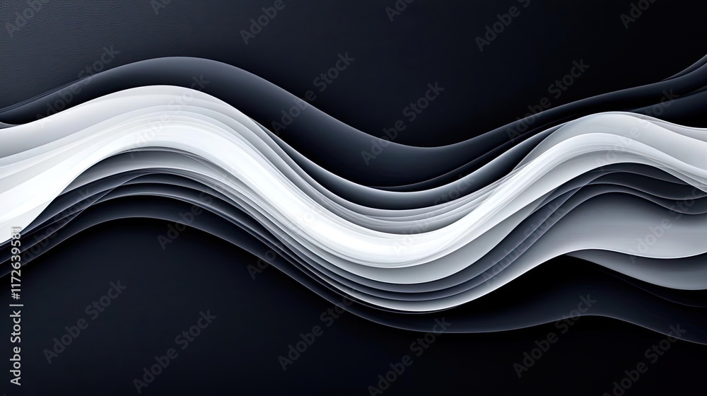 Poster Smoke abstract background idea. Abstract waves of white and gray create a dynamic visual effect on a dark background.