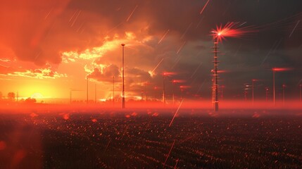 Red Sky Sunset over Field with Power Lines and Fog