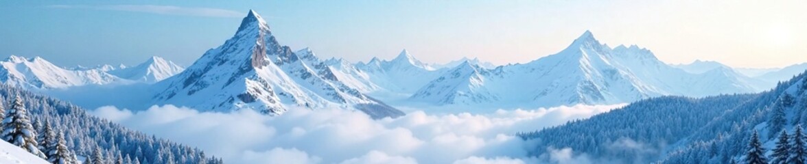 Fototapeta premium towering mountain ranges covered in deep snow and fog, winter wonderland, snow