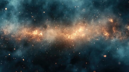 Naklejka premium Dramatic Background with Swirling Smoke, Colorful Clouds, and Particles Emanating from a Fiery Source in Cosmic Space Atmosphere