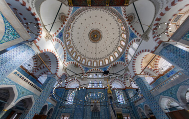 Interior of Rustem Pasa Mosque in Istanbul. Famous Rustem pasha mosque interior. Iznik blue tiles. Rustem Pasa Mosque most beautiful and classical