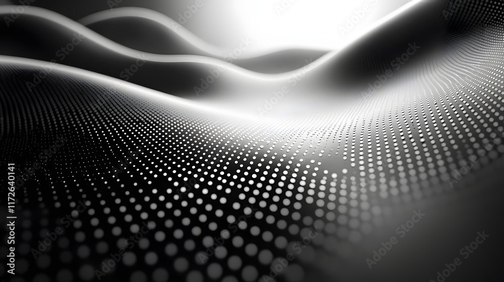 Poster Abstract Black and White Backgrounds. Abstract grayscale image featuring a wave-like pattern created from dots. Modern and elegant design.