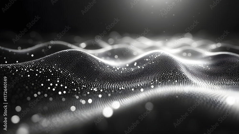Poster Abstract Black and White Backgrounds. Abstract background with gray and white particles forming a wave. Digital art, technology concept.