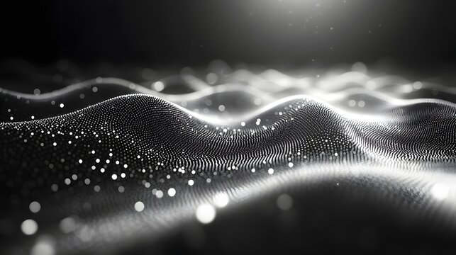 Abstract Black and White Backgrounds. Abstract background with gray and white particles forming a wave. Digital art, technology concept.
