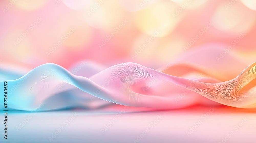 Poster Soft abstract background idea. Soft pastel waves of fabric with a dreamy bokeh background creating a serene atmosphere.