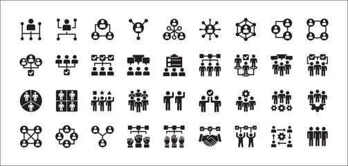 Business teamwork and connection vector icon set. Business network icons. Contains symbol icons of connection, collaboration, management, team, group, relationship, leadership, deliberation, forum.