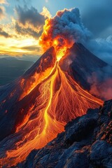 Erupting Volcano with Flowing Lava and Dramatic Sky at Sunset Captured in a Moment of Natural Power and Beauty