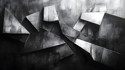 Abstract Black and White Backgrounds. Dramatic grayscale image featuring abstract geometric metal shapes creating a textured wall art piece.