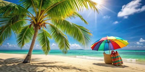 Fototapeta premium Coastal paradise: vibrant palms frame a shaded beach scene, a stylish bag completes the picture.