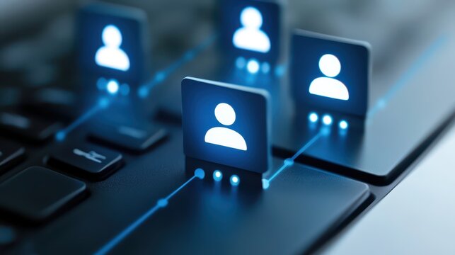 Teamwork and collaboration, diverse people connecting on a keyboard, symbolizing communication innovation in the digital age