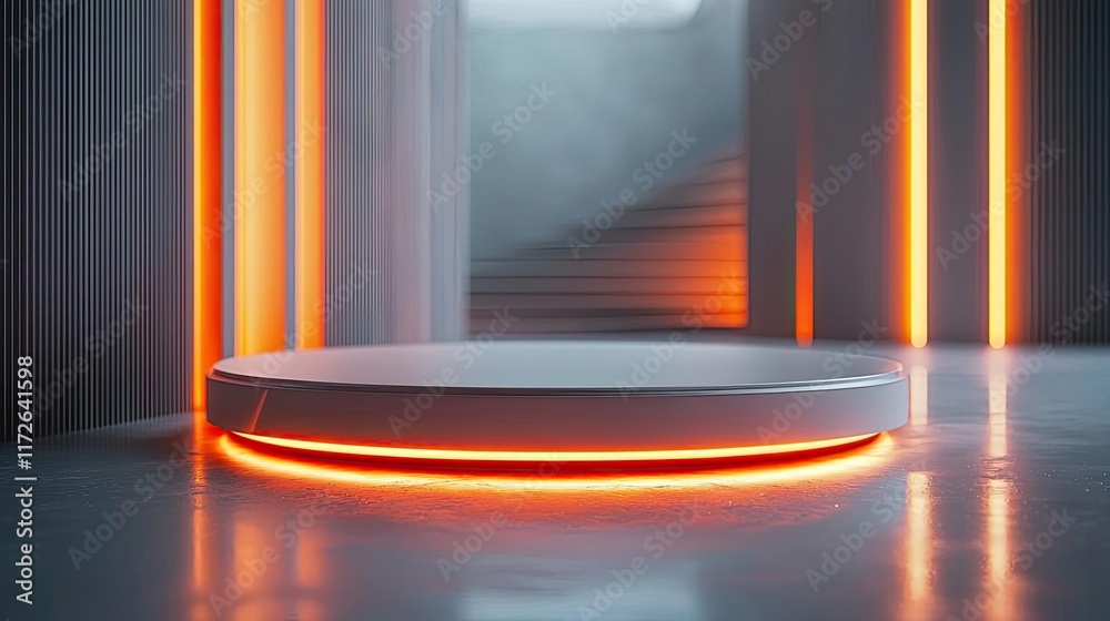 Poster Soft abstract background idea. A modern display platform illuminated with vibrant orange lights in a sleek environment.