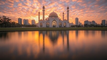Majestic mosque reflected in calm water at sunset.