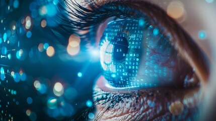 Close Up of Human Eye with Digital Data and Glowing Particles