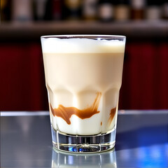 A classic White Russian served in a lowball glass, the creamy layers of vodka, coffee liqueur, and cream blending smoothly together. The glass is set on a sleek, polished bar with a dark, moody