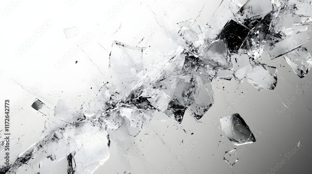 Poster Abstract Black and White Backgrounds. Abstract image of shattered ice pieces against a gradient background, showcasing a dynamic interplay of light and shadow.
