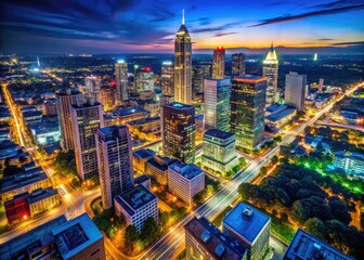 Obraz premium Dazzling aerial photography captures Atlanta Midtown's vibrant nightlife, showcasing Georgia's glowing cityscape at night.