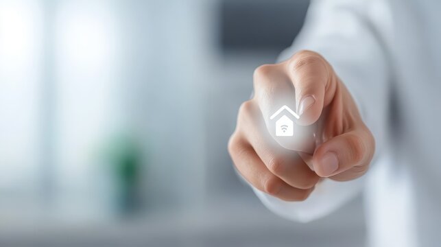 Person selects house icon on touch screen, exploring real estate, property search and home purchase concepts